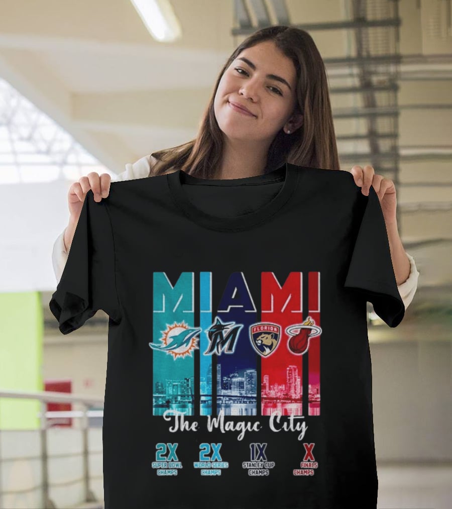 MIAMI The Magic City Dolphins Marlins Panthers Heat Champs T-Shirt