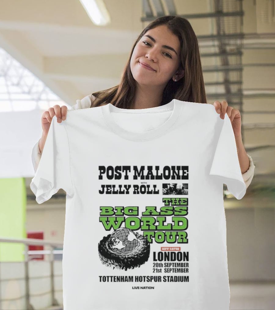 Post Malone Jelly Roll Live Nation The Big Ass World Tour London Tottenham Hotspur Stadium 2023 T-Shirt