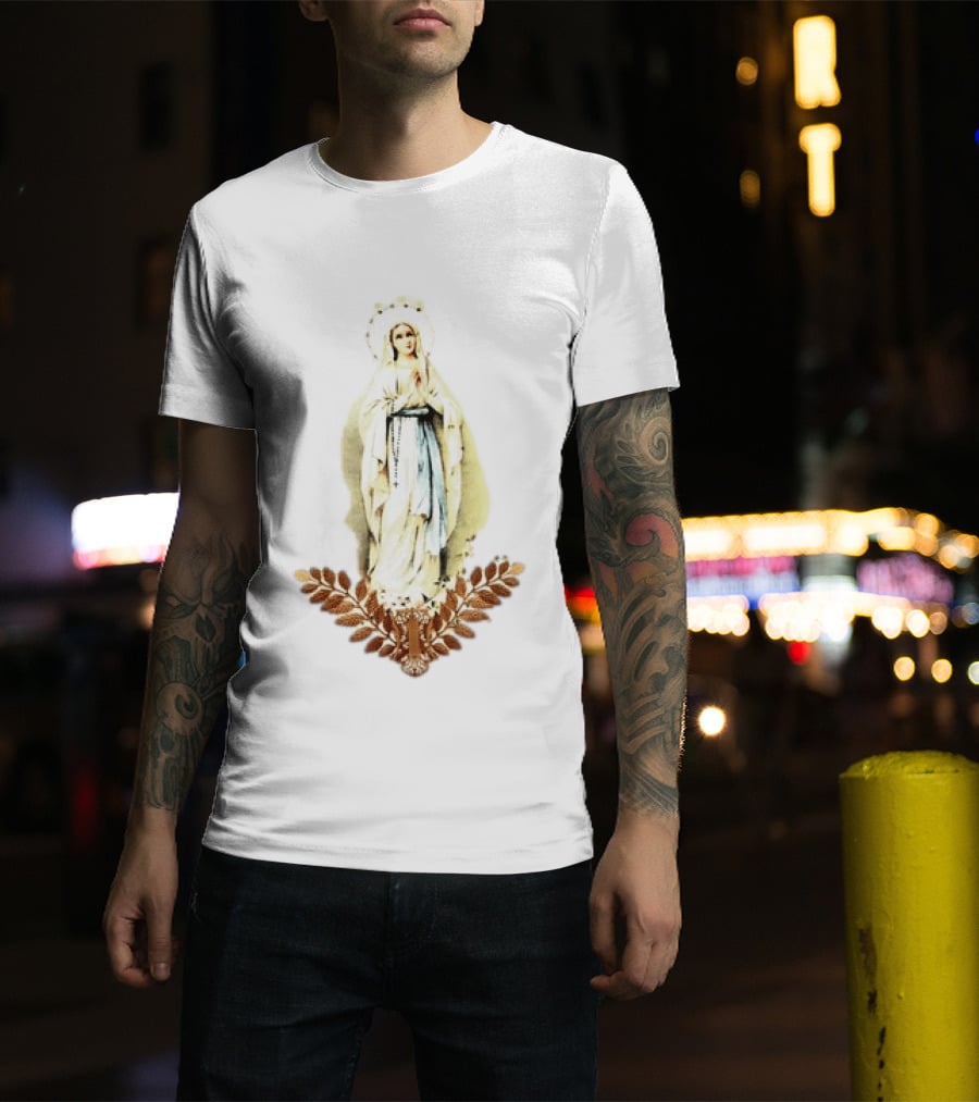 Virgin Mary Rosary Prayer Gold Leaves T-Shirt