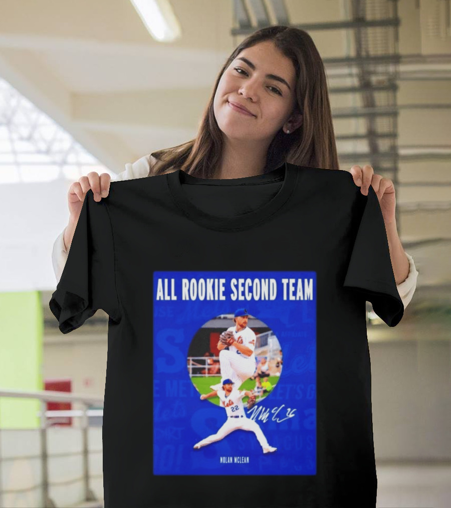 Nolan McLean No 22 Mets All Rookie Second Team Signature Pitching Action T-Shirt
