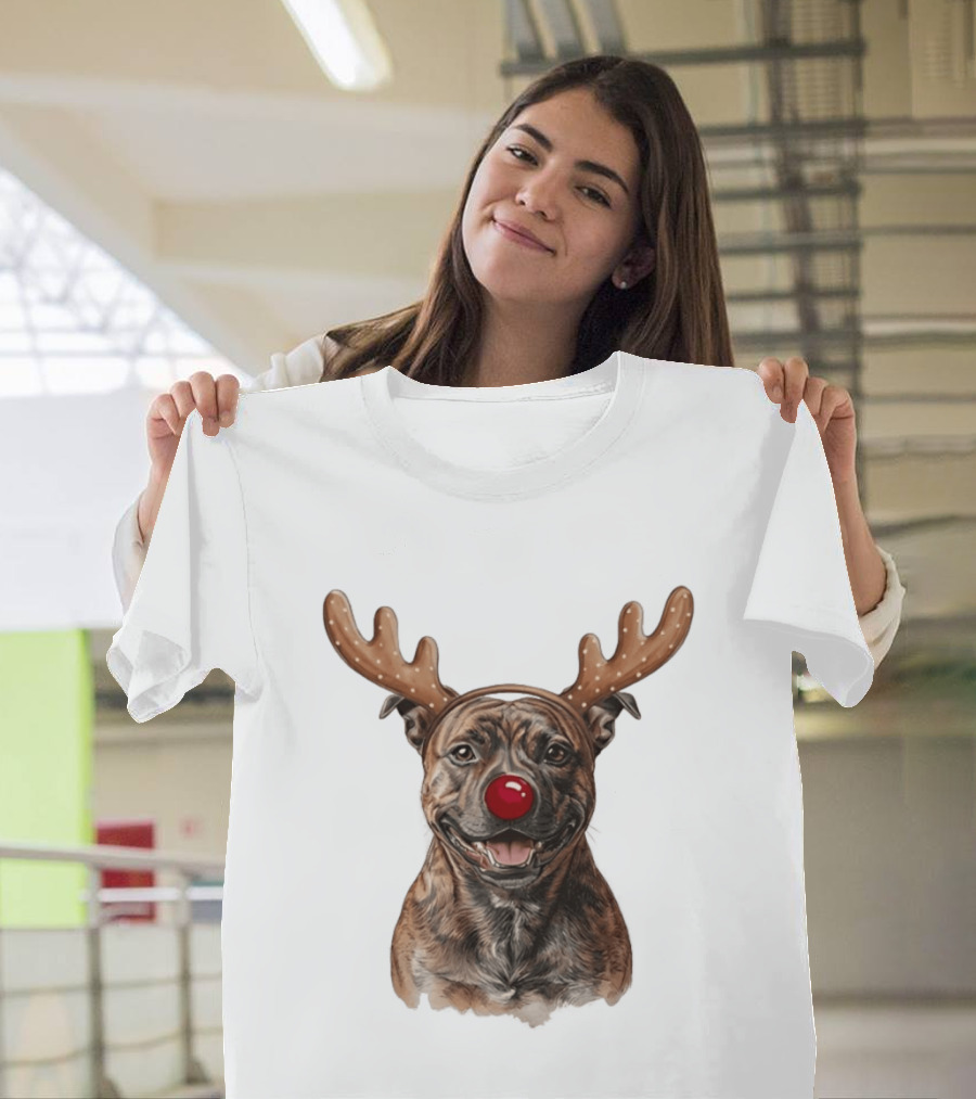 Brindle Pit Bull With Reindeer Antlers And Red Nose T-Shirt