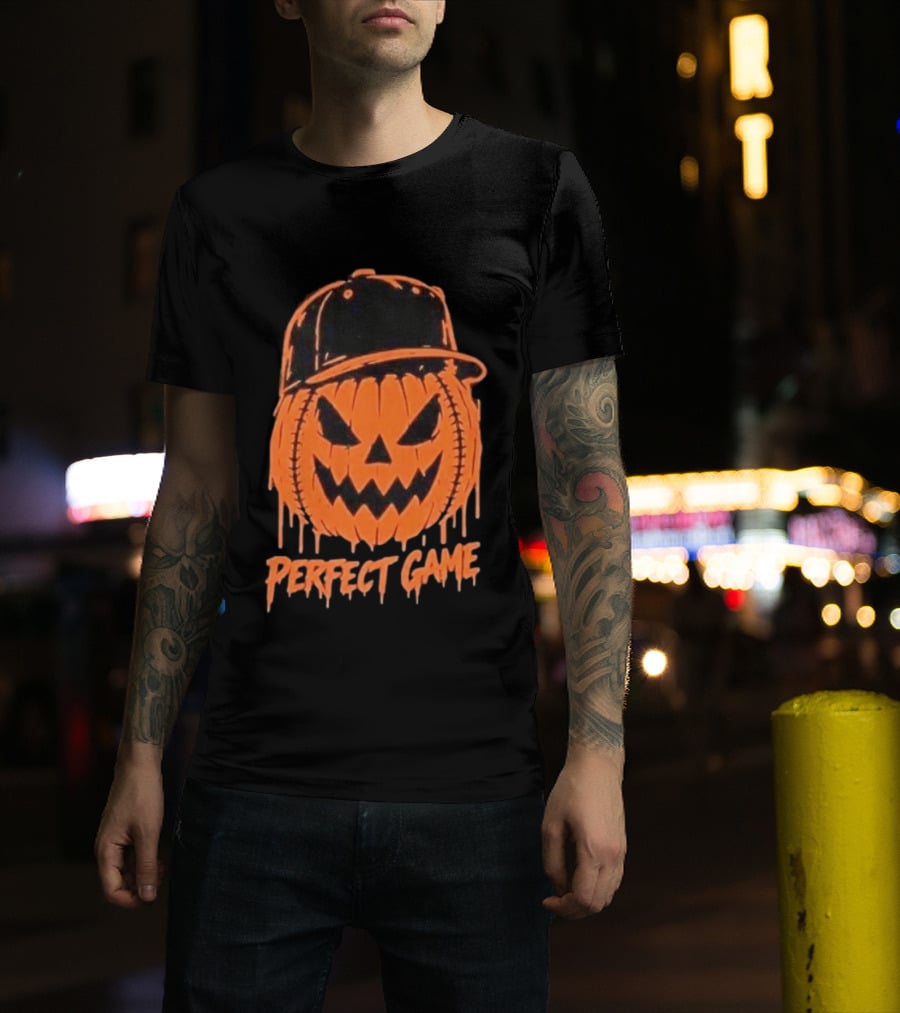 Perfect Game Halloween Pumpkin Baseball Hat Creepy Face T-Shirt