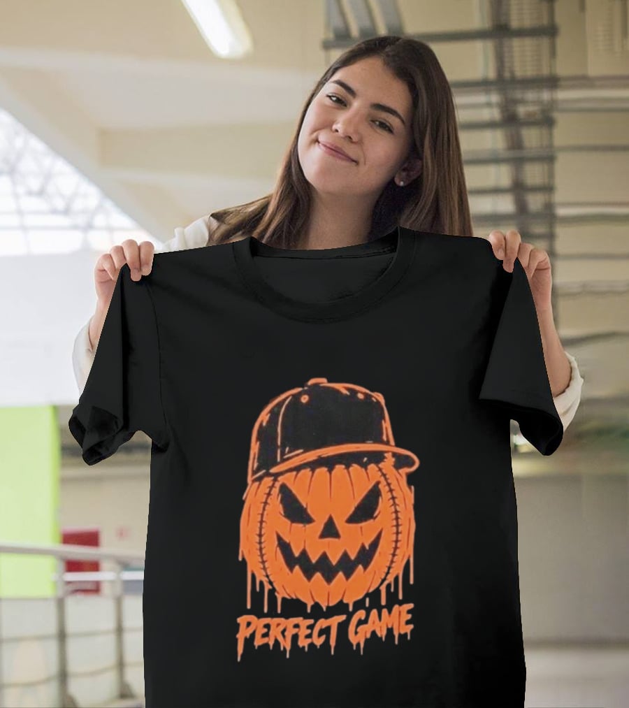 Perfect Game Halloween Pumpkin Baseball Hat Creepy Face T-Shirt