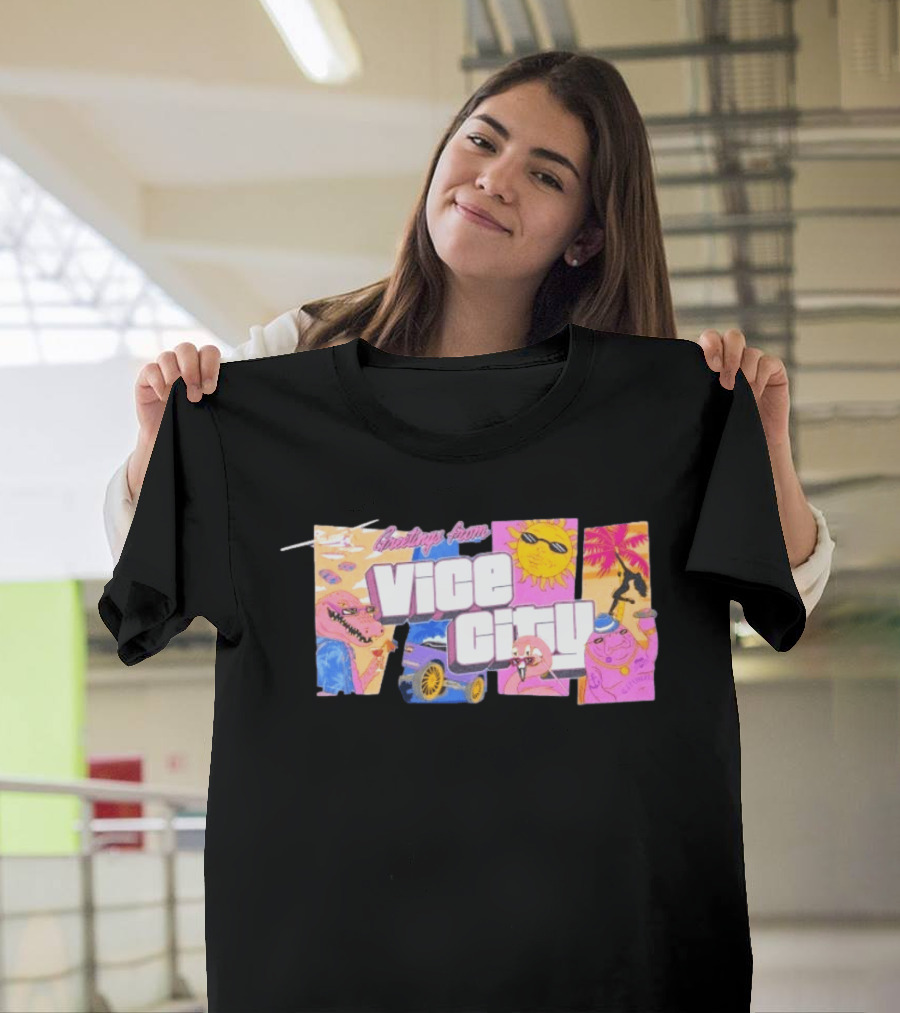 Greetings From Vice City Collage Florida Retro Fun Tropical Vibes T-Shirt