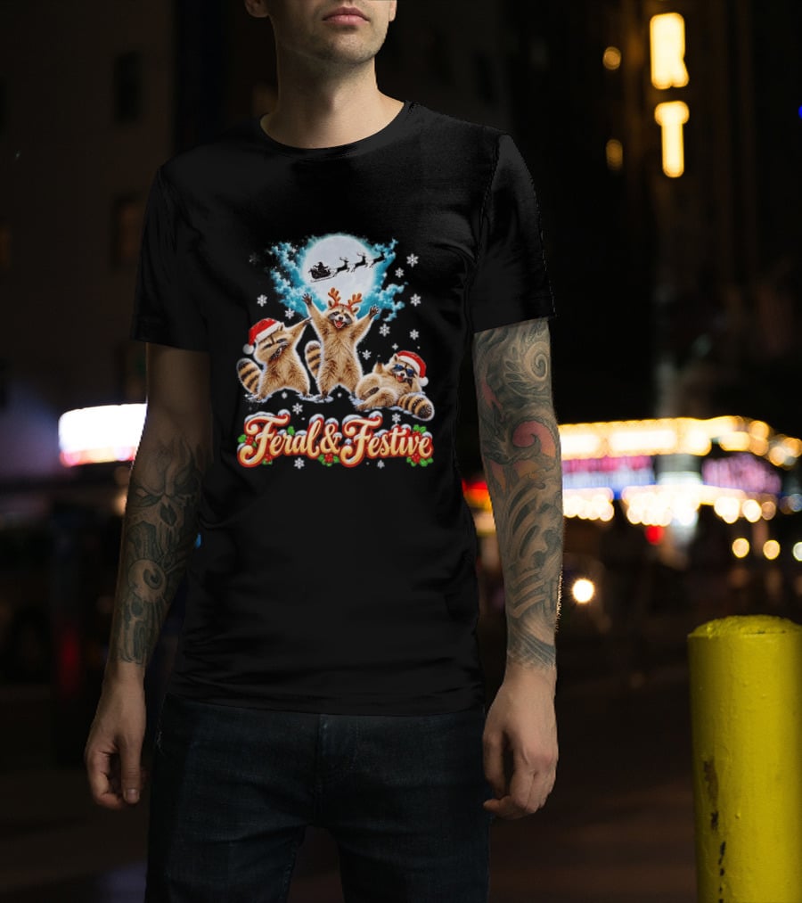 Feral And Festive Raccoons Christmas Holiday Santa And Reindeer T-Shirt
