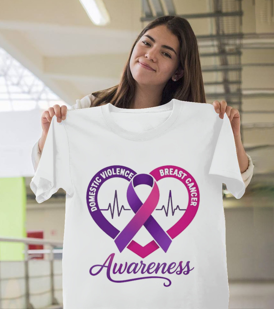 Domestic Violence And Breast Cancer Awareness Heart Ribbon Purple Pink T-Shirt