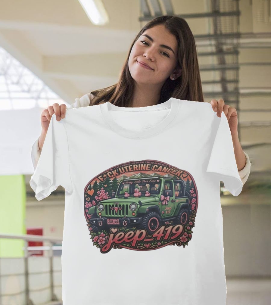 Peach Ribbon Uterine Cancer Awareness Jeep 419 Supportive Message T-Shirt