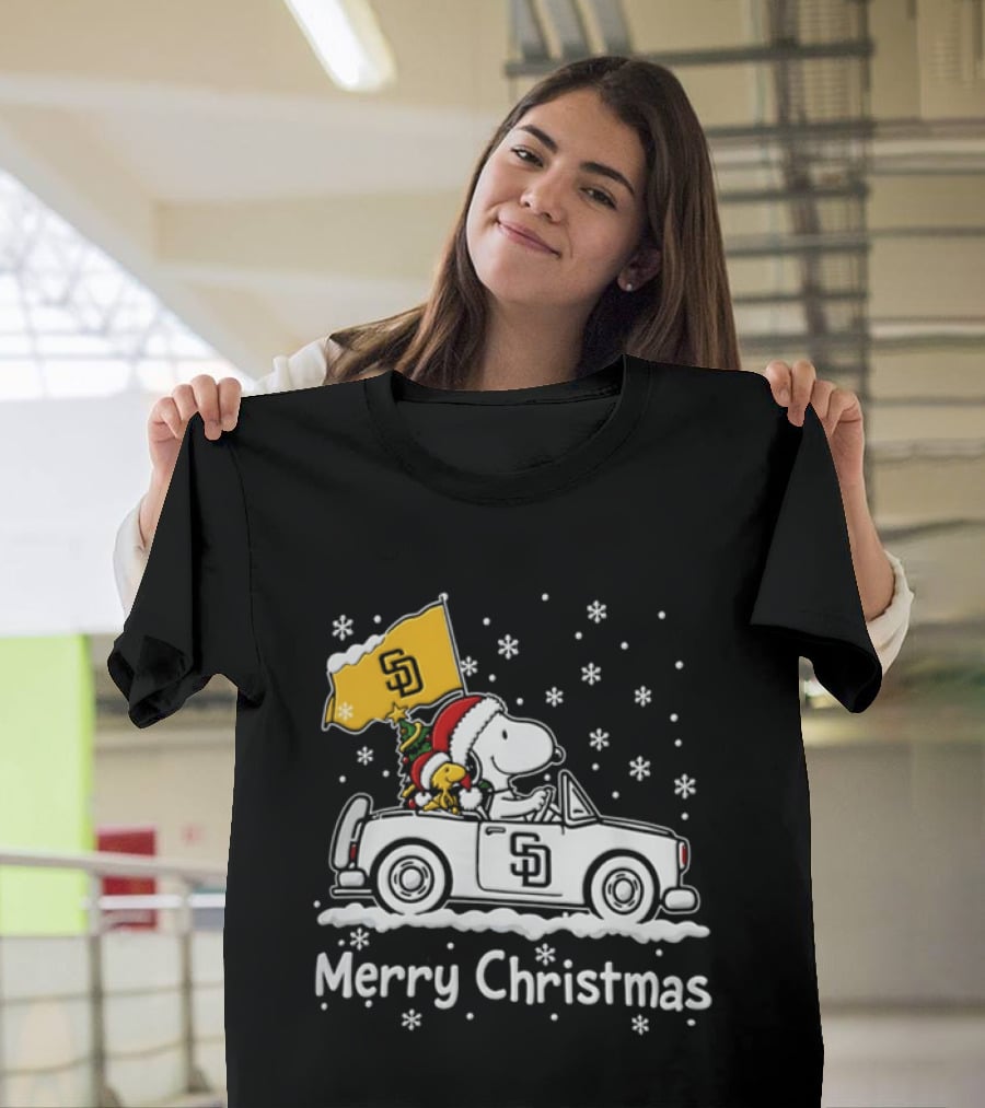 Snoopy And Woodstock Driving San Diego Padres Car Merry Christmas 2026 T-Shirt