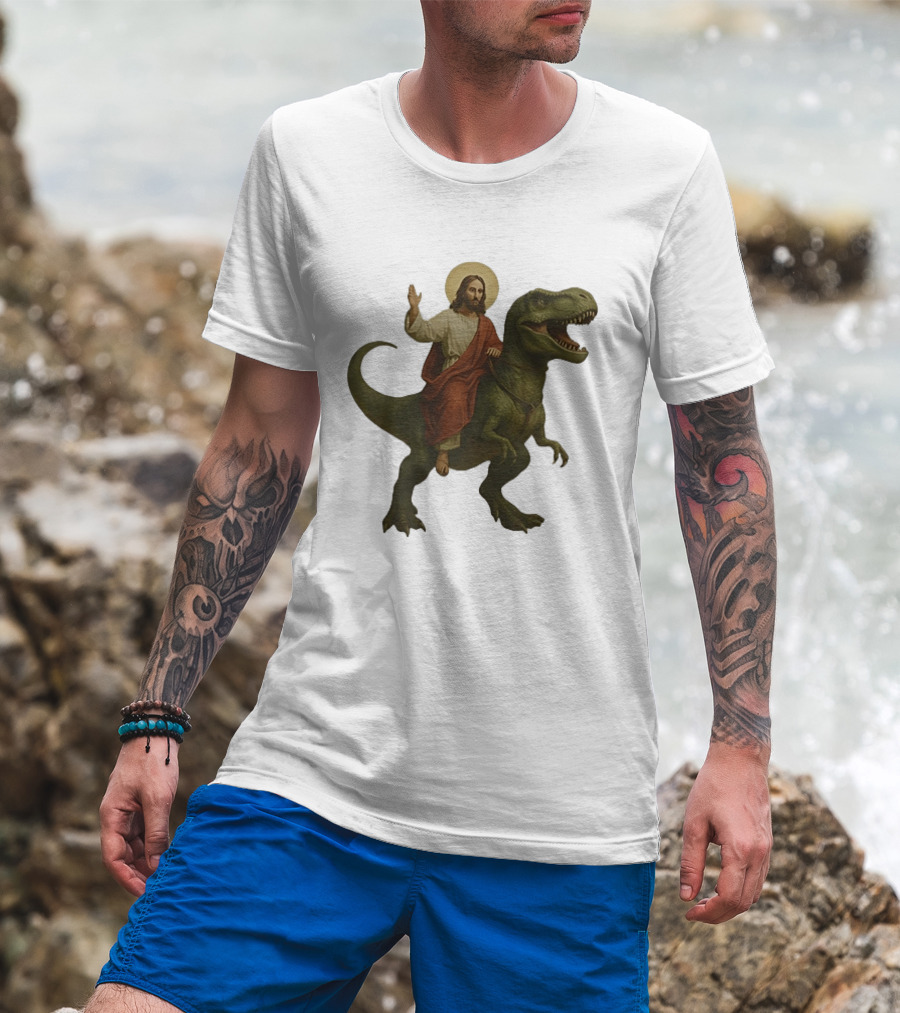 Jesus Riding Tyrannosaurus Rex Dinosaur T-Shirt