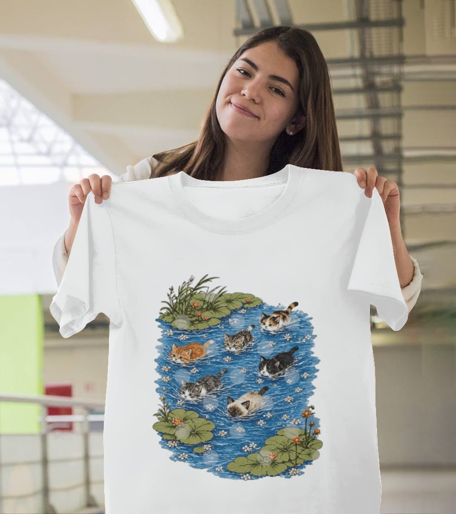 Kittens Swimming Among Water Lilies In Pond Scene T-Shirt