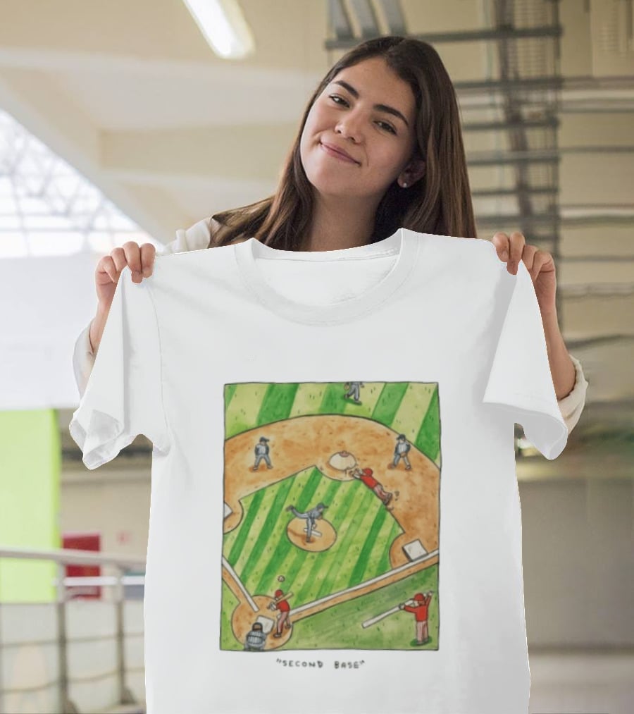 Second Base Baseball Cartoon Humor Action Play Scene T-Shirt