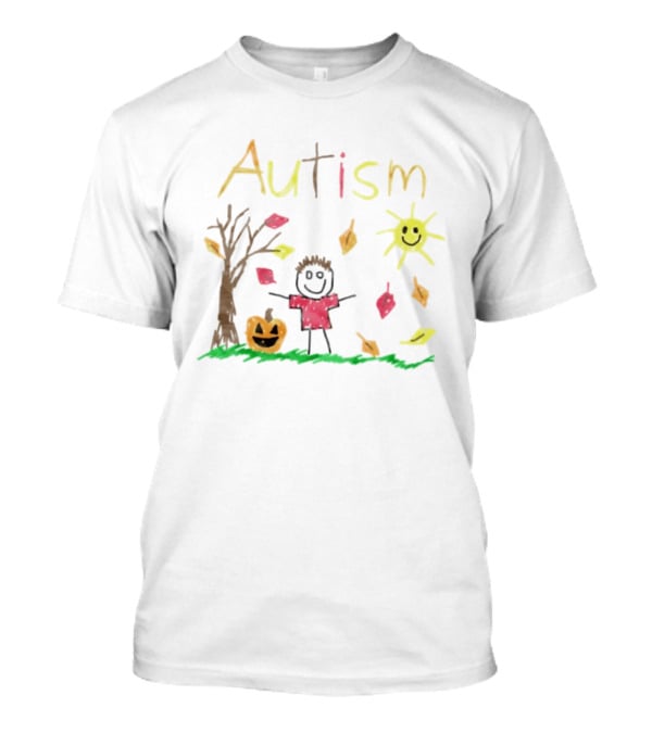 Autism Awareness Child With Pumpkin Autumn Leaves Sun And Tree T-Shirt