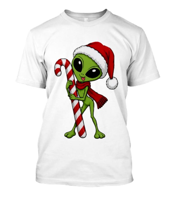 Green Santa Hat Alien With Red Scarf Holding Candy Cane Christmas T-Shirt