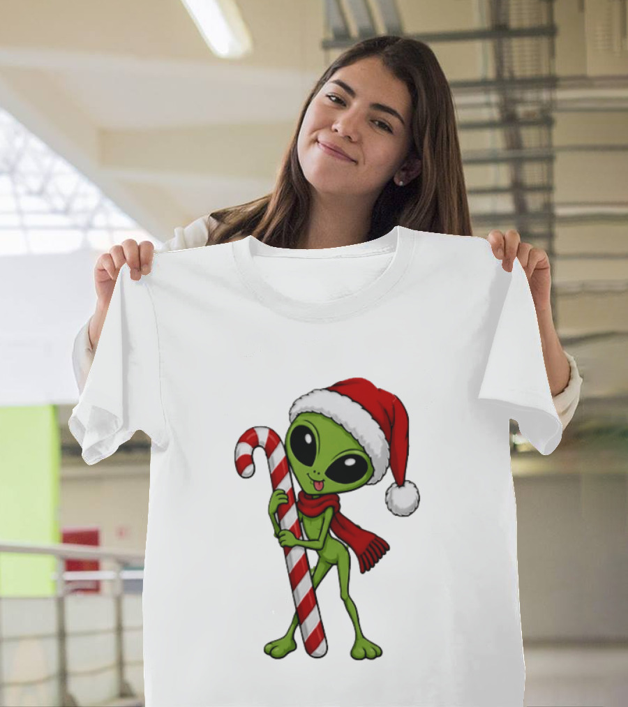 Green Santa Hat Alien With Red Scarf Holding Candy Cane Christmas T-Shirt