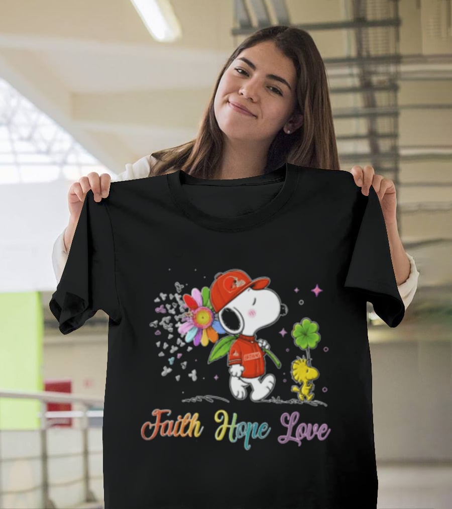 Cleveland Browns Snoopy Woodstock Faith Hope Love Flower Clover T-Shirt