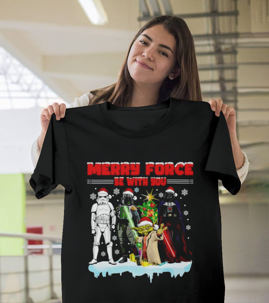Star Wars Merry Force Be With You Christmas Characters Stormtrooper Yoda Darth Vader Santa Hats T-Shirt