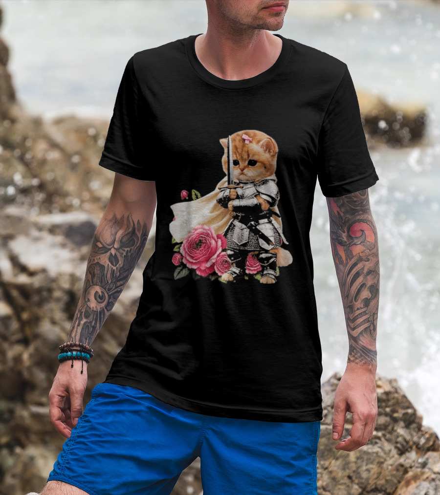 Knight Cat Holding Sword With Roses T-Shirt