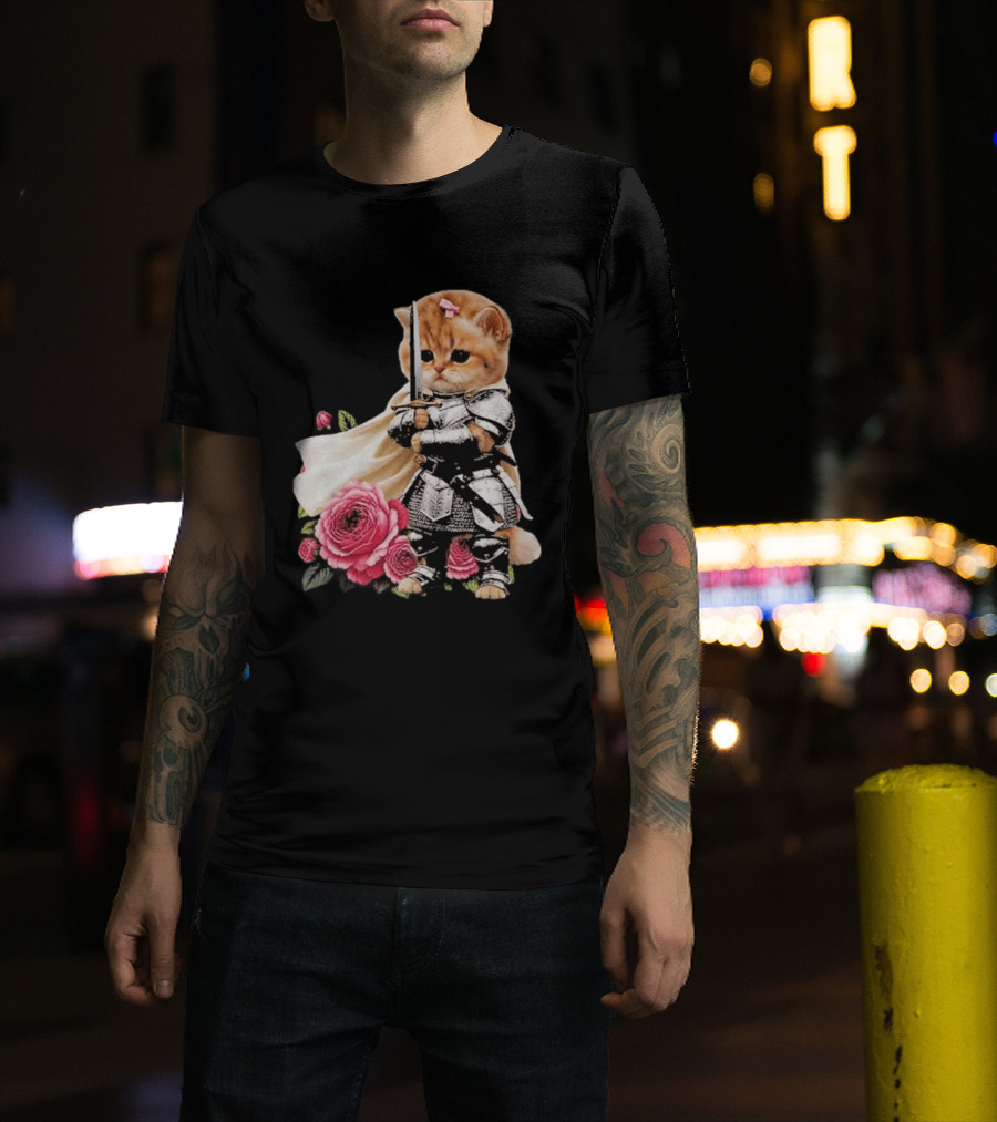 Knight Cat Holding Sword With Roses T-Shirt