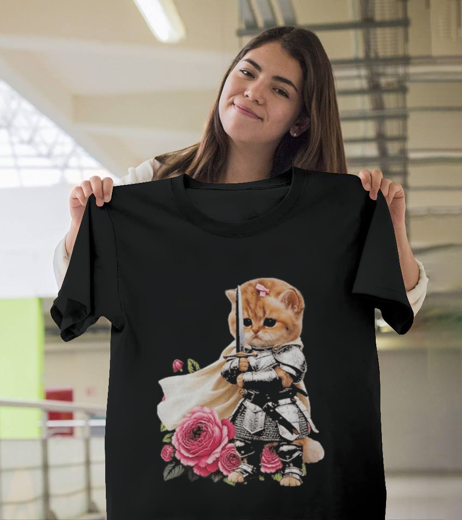 Knight Cat Holding Sword With Roses T-Shirt