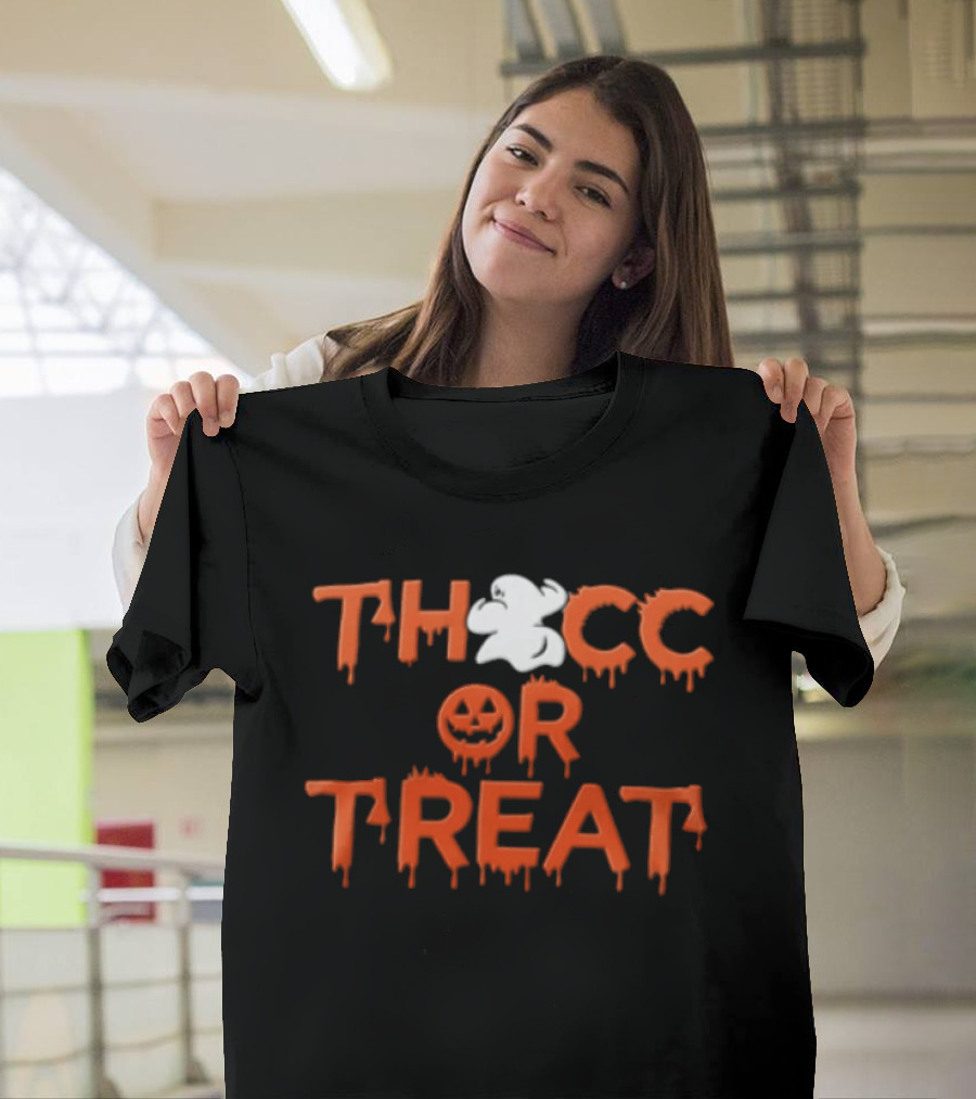 Thocc Or Treat Ghost Jack O Lantern Dripping Font Halloween T-Shirt