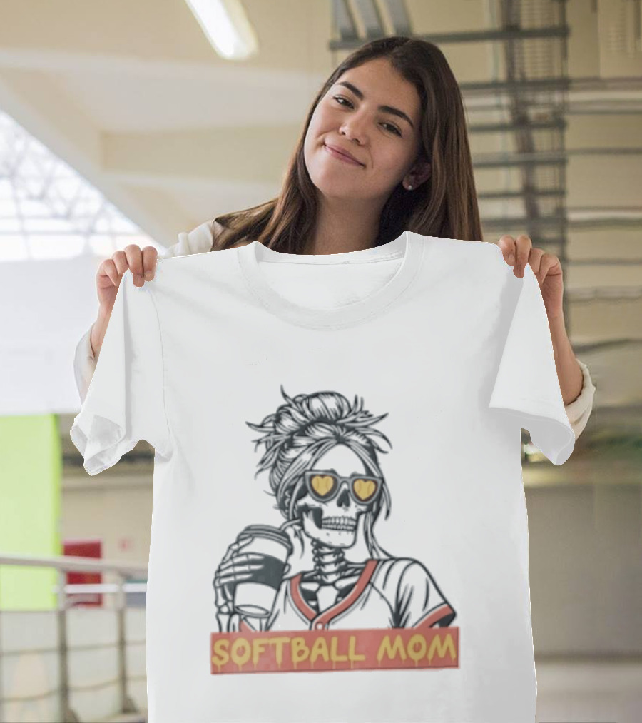 Softball MOM Skeleton Messy Bun Heart Sunglasses Coffee T-Shirt