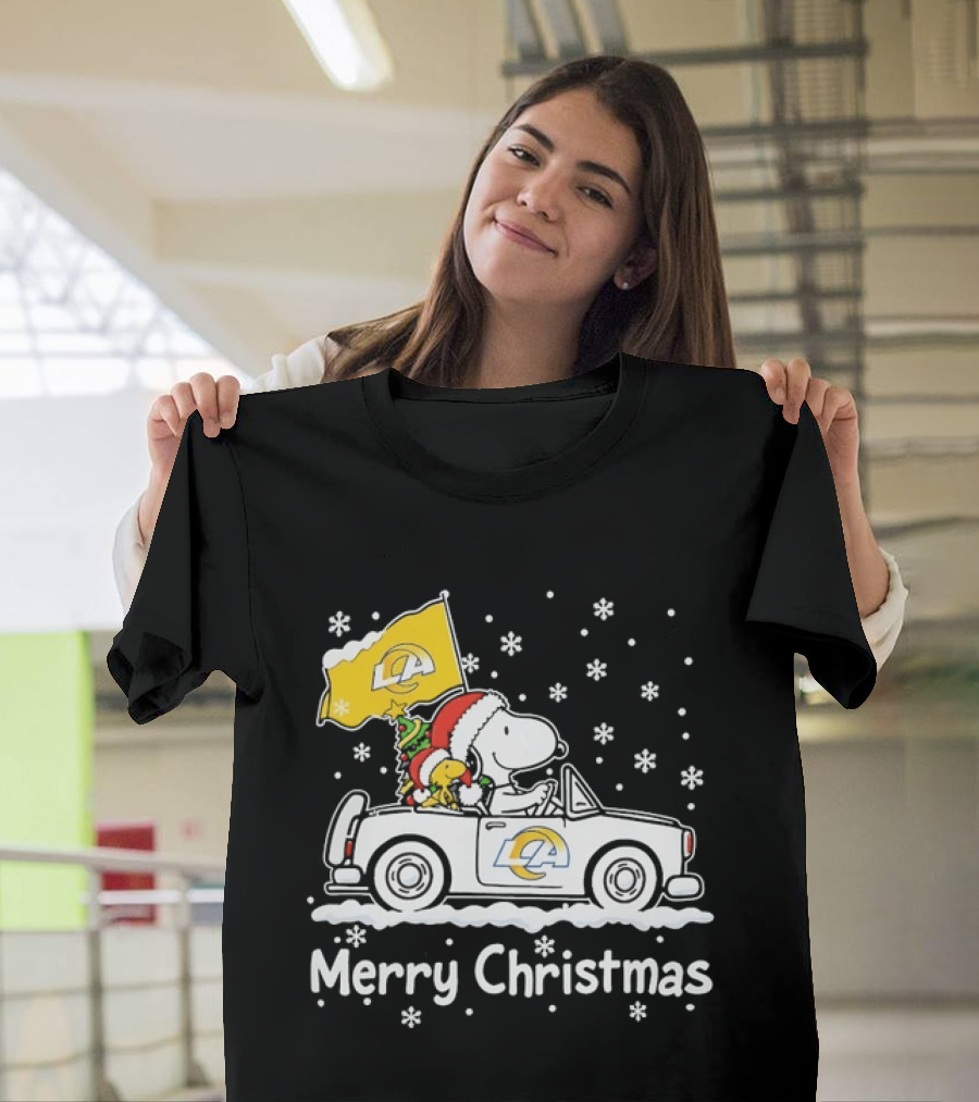 Los Angeles Rams Snoopy Woodstock Merry Christmas Car Holiday T-Shirt