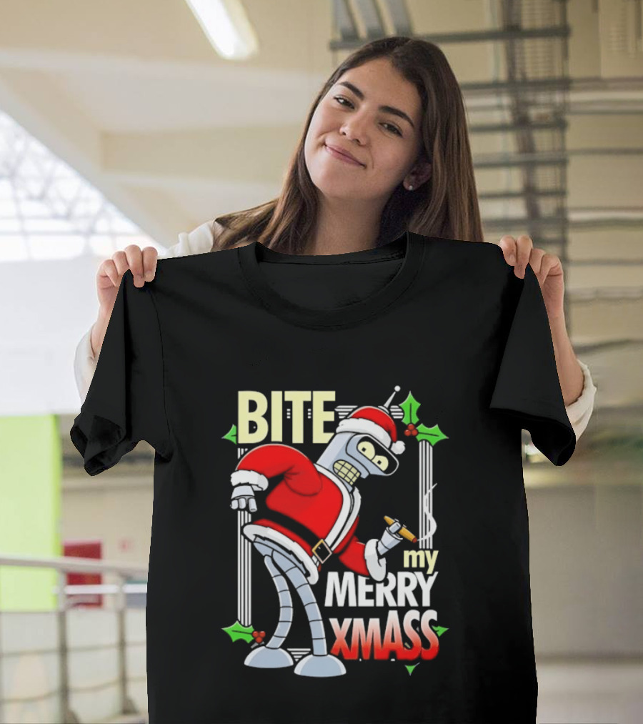 Bender Bite My Merry Xmass Futurama Santa Cigarette Hollys T-Shirt