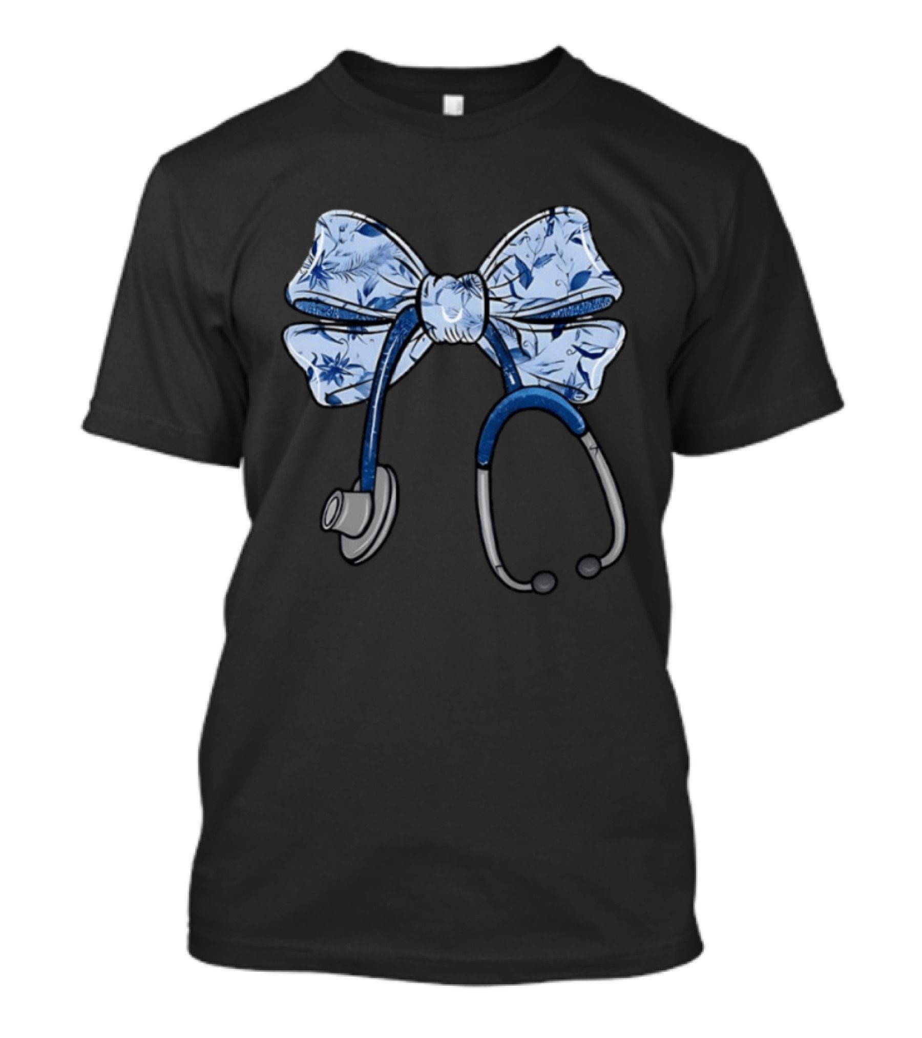 Blessed Are The Healers Matthew Stethoscope Blue Floral Bow T-Shirt