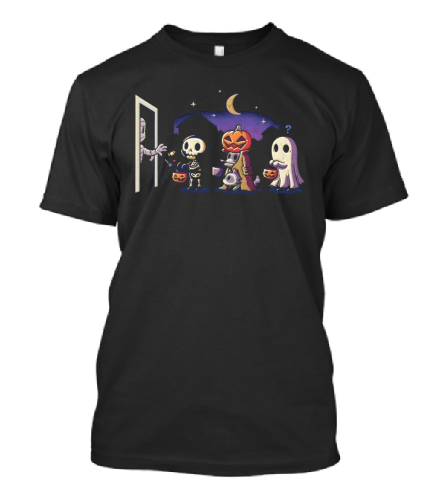 Mummy Giving Out Candy Trick Or Treat Halloween Infiltrator Ghost Pumpkin Skeleton T-Shirt