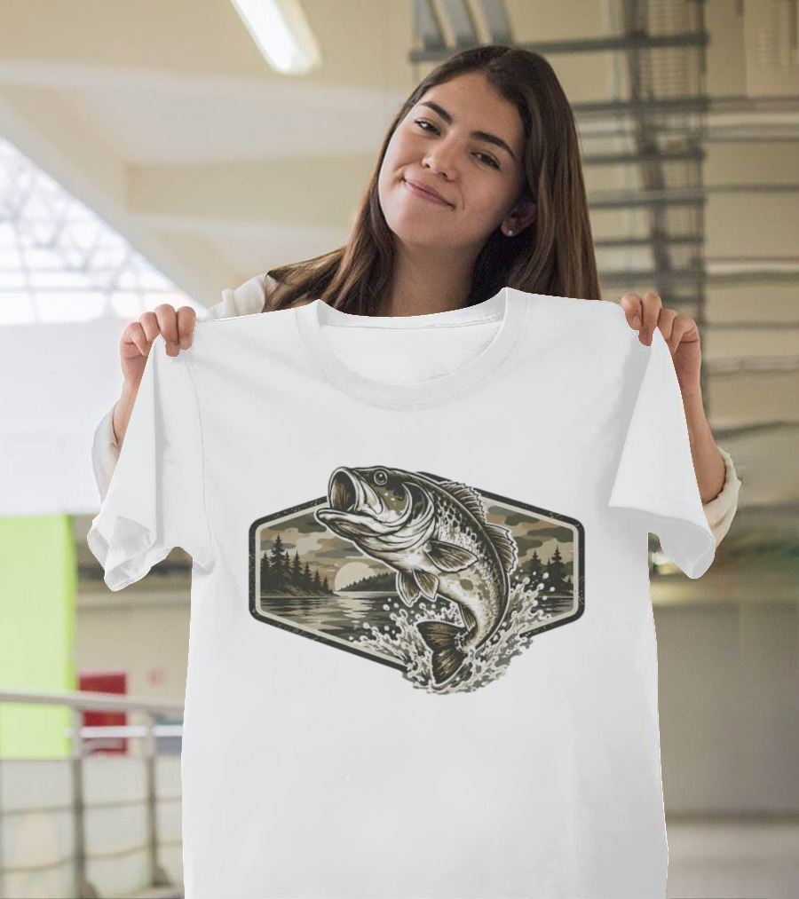 Largemouth Bass Jumping Lake Sunset Distressed Vintage Fishing T-Shirt