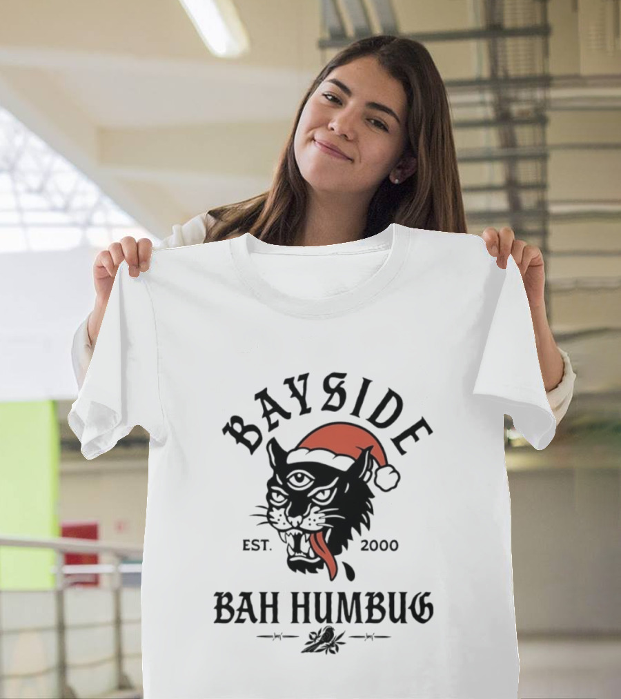 Bayside Est 2000 Bah Humbug Christmas Panther Santa Hat T-Shirt