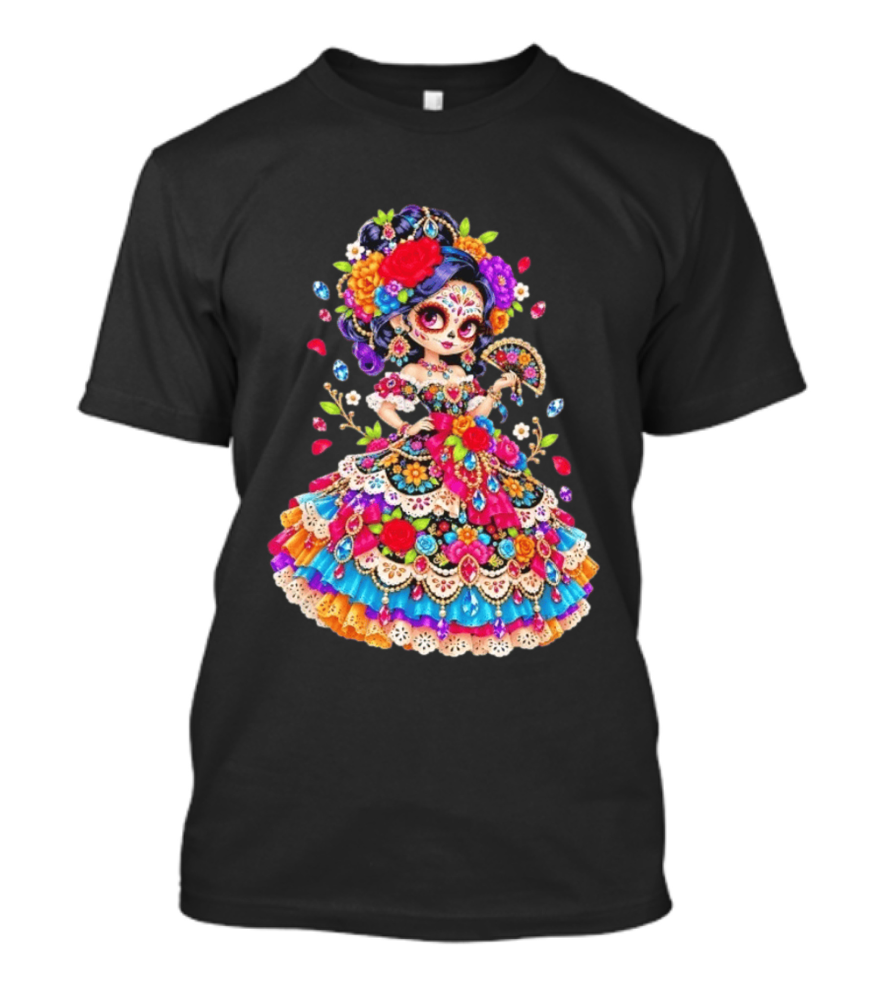 Day Of The Dead Catrina Girl Floral Dress Colorful Sugar Skull T-Shirt