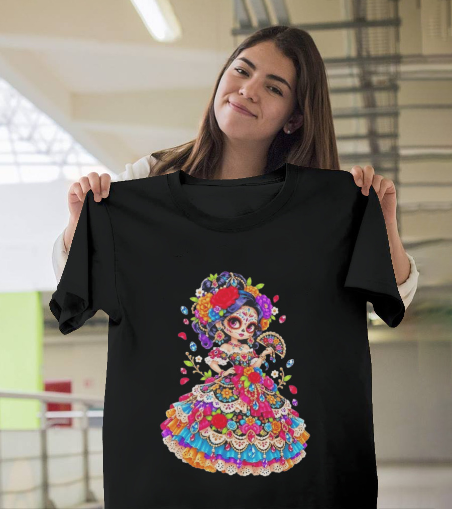 Day Of The Dead Catrina Girl Floral Dress Colorful Sugar Skull T-Shirt
