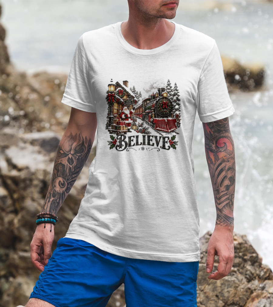 Believe Santa Claus At The Christmas Train Station With Snowy Locomotive Ornaments T-Shirt