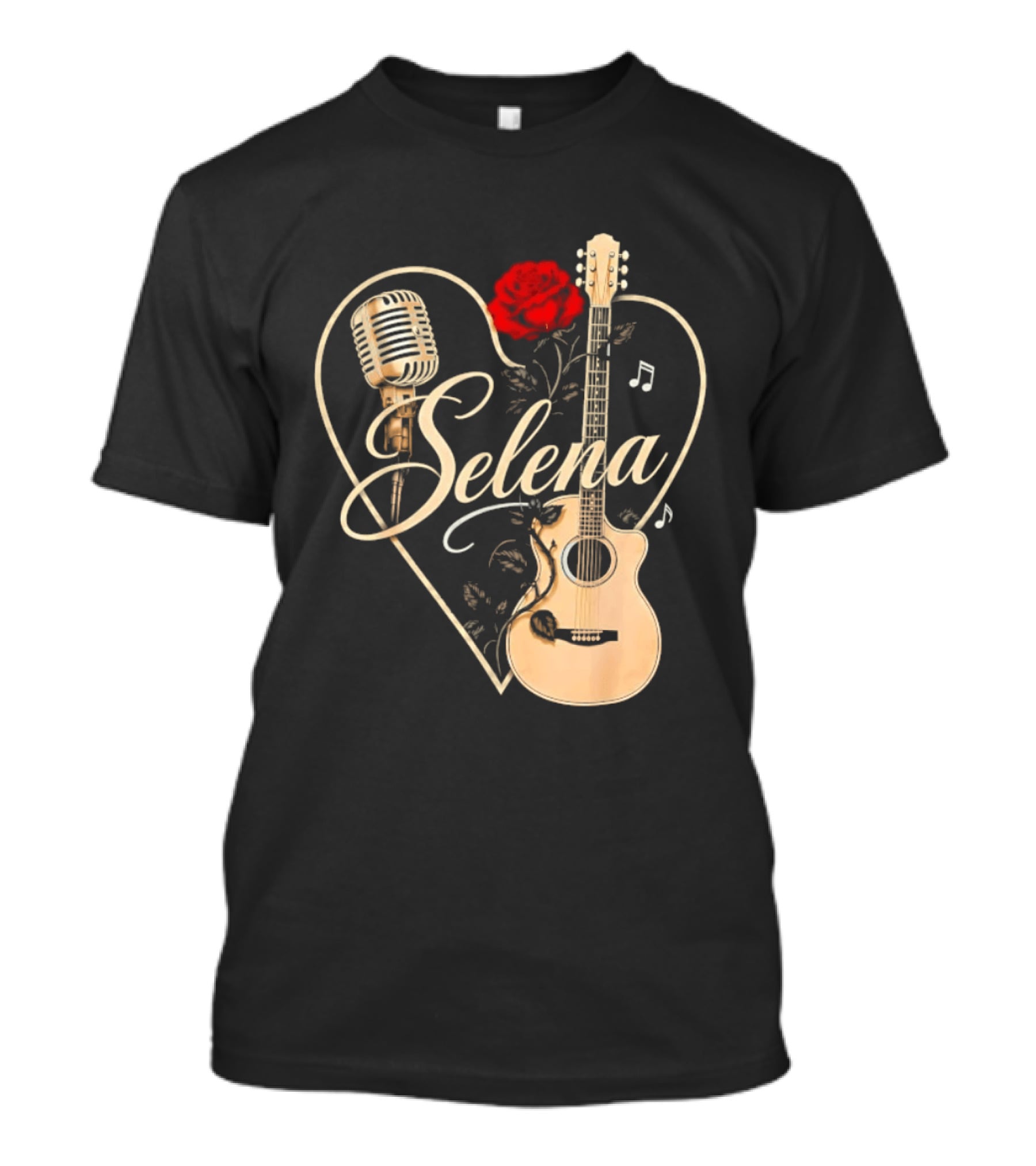 Selena Heart With Rose Microphone Guitar Music Notes T-Shirt