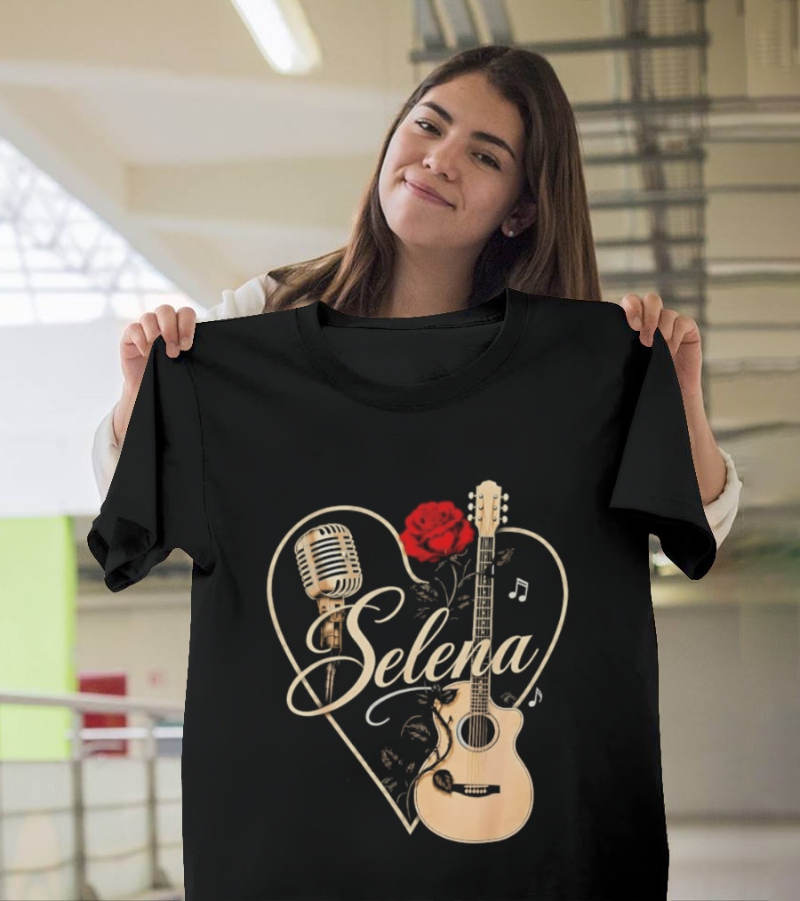 Selena Heart With Rose Microphone Guitar Music Notes T-Shirt