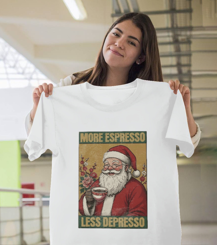 More Espresso Less Depresso Santa Coffee Meme T-Shirt