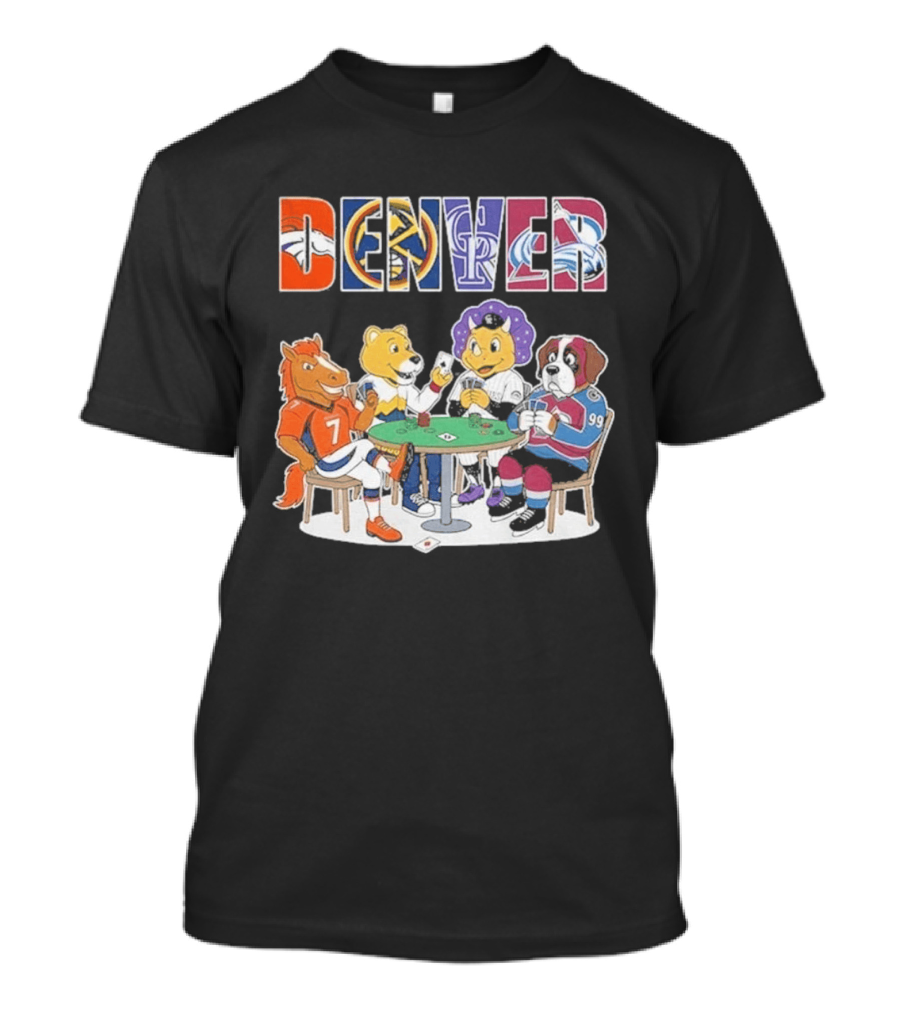 Denver Broncos Rockies Nuggets Avalanche Mascots Poker Game T-Shirt