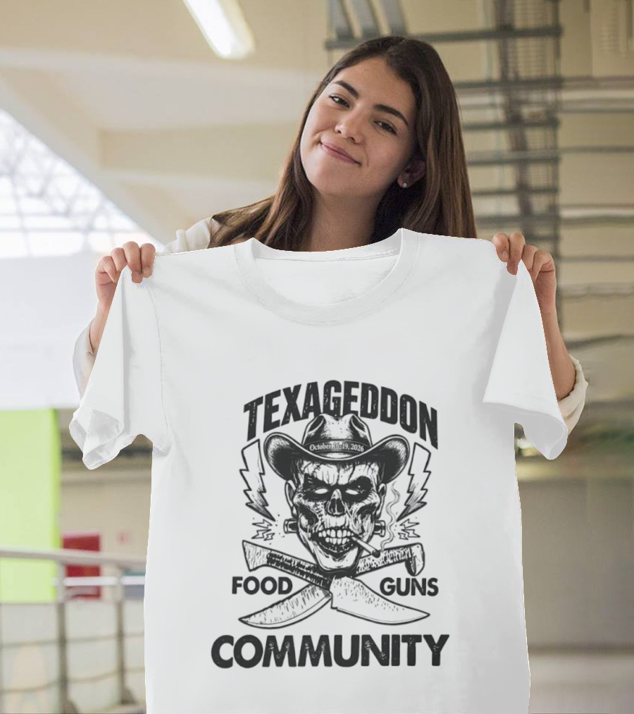 Texageddon October 16 19 2026 Skull Cowboy Knives Guns Lightning Community T-Shirt