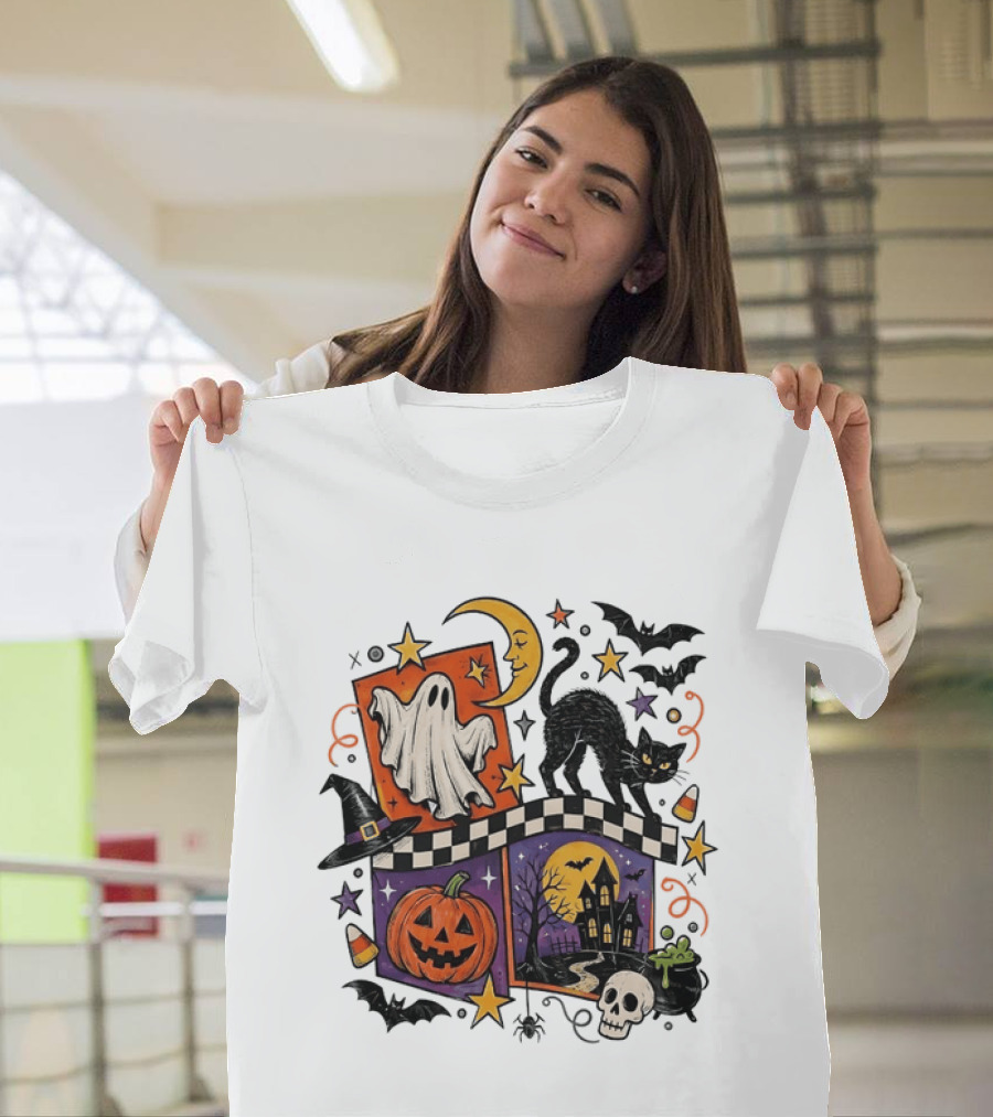 Halloween Ghost Cat Moon Pumpkin Witch Hat Skull Scene T-Shirt