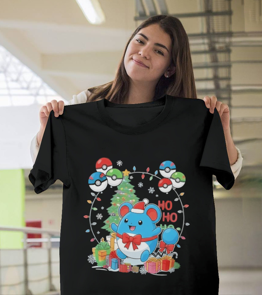 Marill Pokemon Christmas Ho Ho Ho Holiday Pokeballs Snowflakes Presents T-Shirt