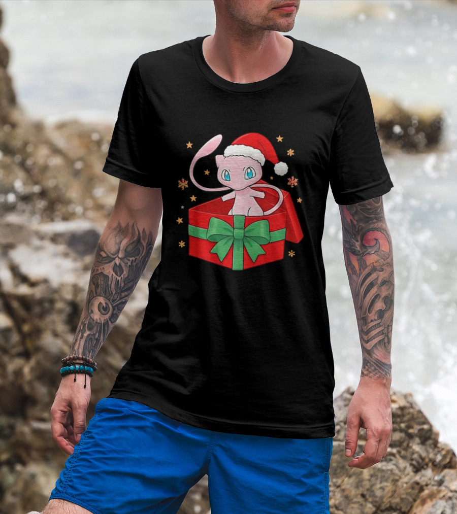 Mew Christmas Gift Box Pokemon Holiday Santa Hat Festive T-Shirt