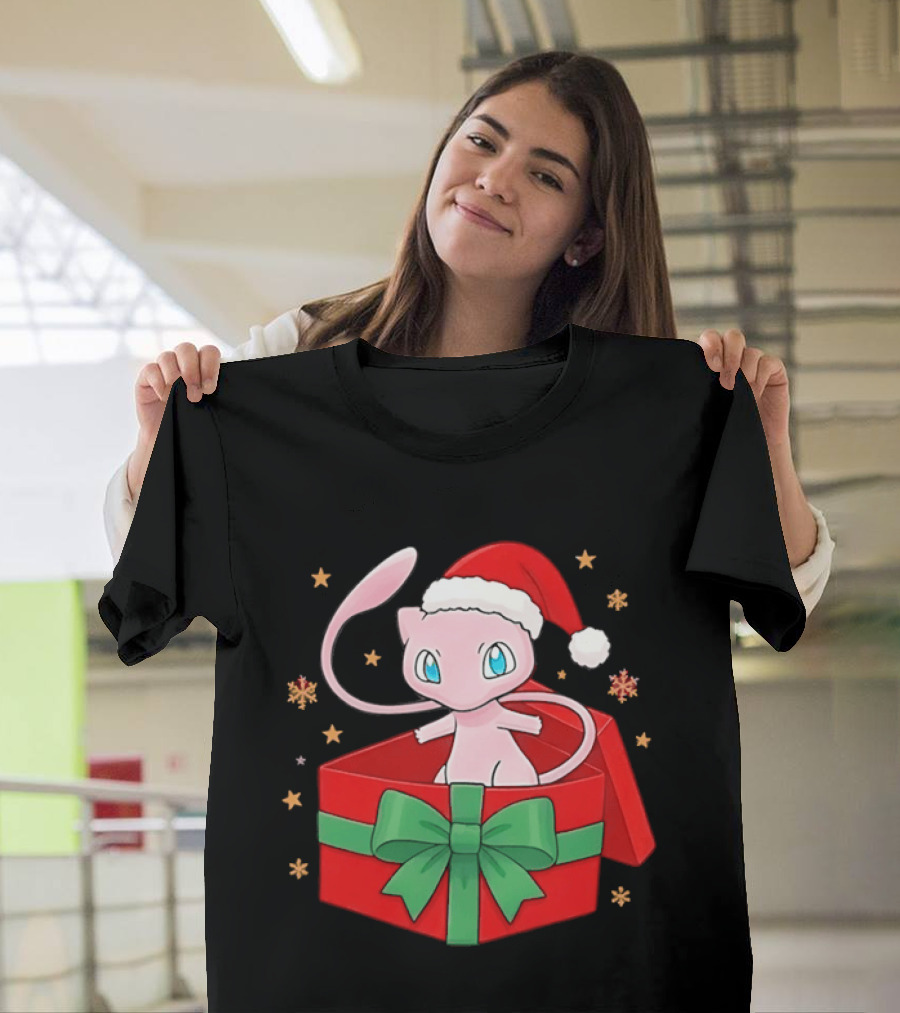 Mew Christmas Gift Box Pokemon Holiday Santa Hat Festive T-Shirt