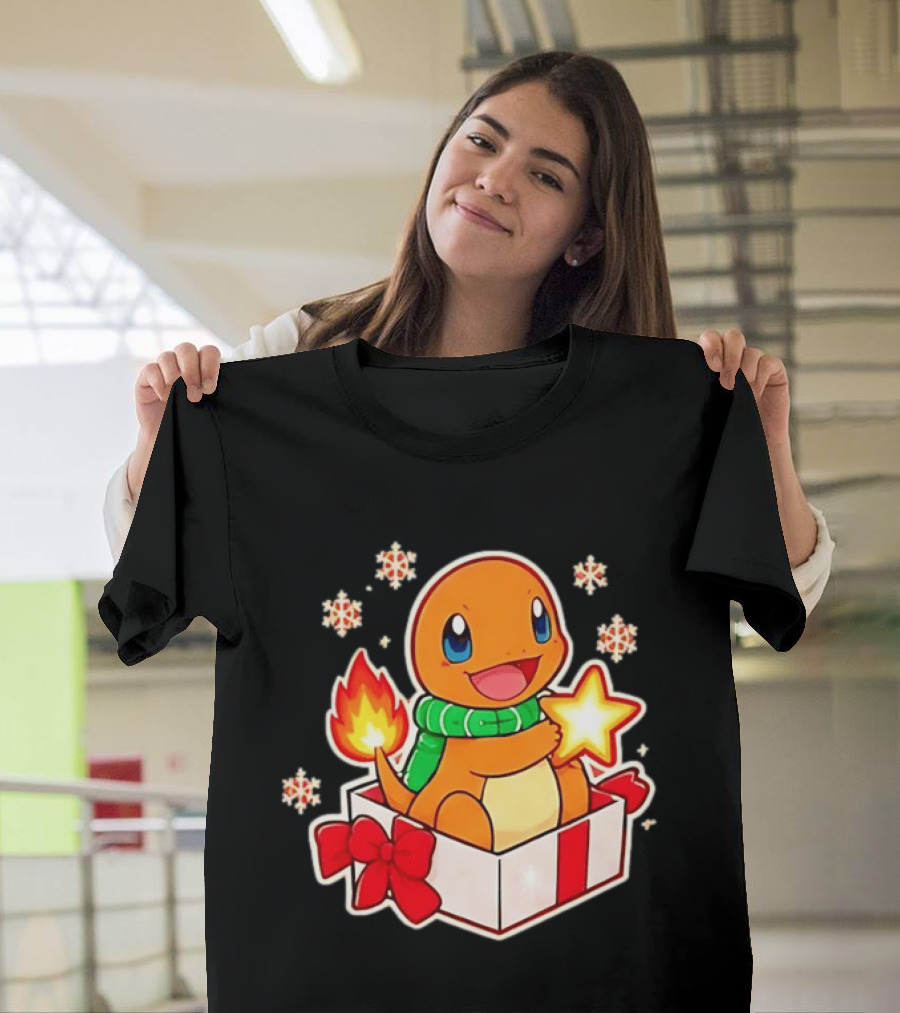 Charmander Holding Star In Christmas Gift Box With Snowflakes And Green Scarf T-Shirt