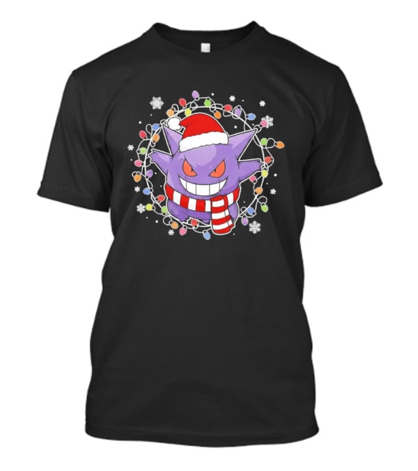 Gengar Christmas Lights Holiday Festive Santa Hat And Scarf T-Shirt