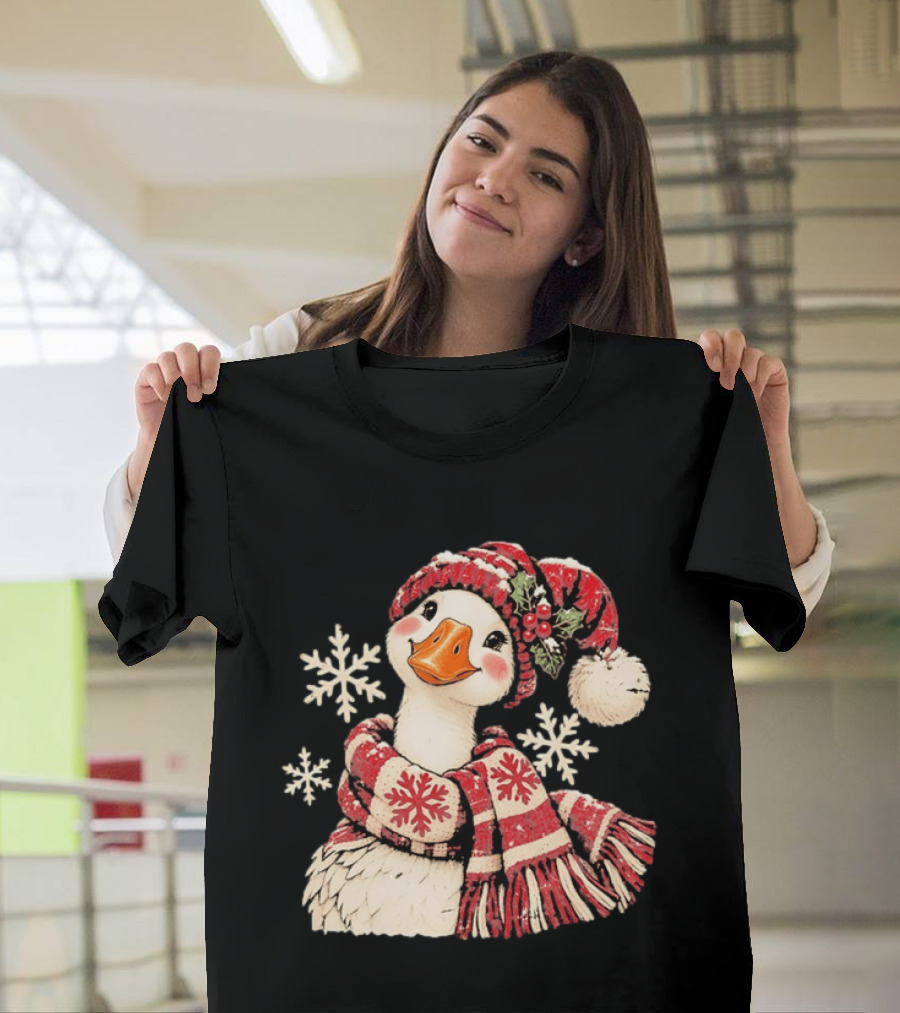 Goose With Red Scarf And Hat In Snowflake Winter Scene T-Shirt