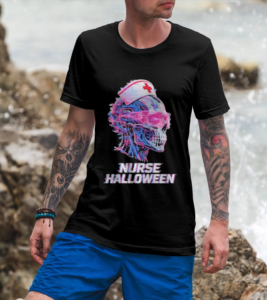 Nurse Halloween Cybernetic Skull Glitch Futuristic Nurse Cap And Neon Skull T-Shirt