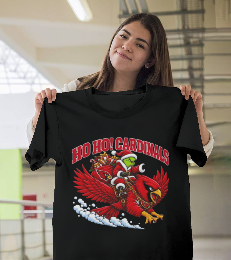 HO HO Cardinals Grinch Christmas Football Arizona Riding Sleigh T-Shirt