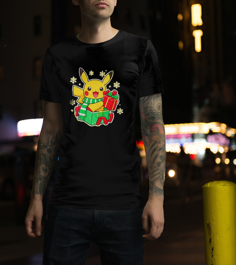 Pikachu Christmas Scarf With Gift Box Pokemon Holiday T-Shirt