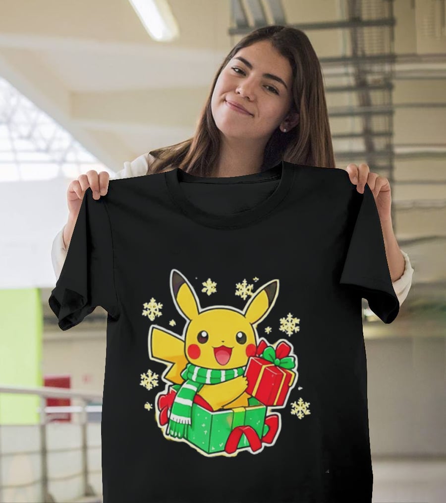 Pikachu Christmas Scarf With Gift Box Pokemon Holiday T-Shirt